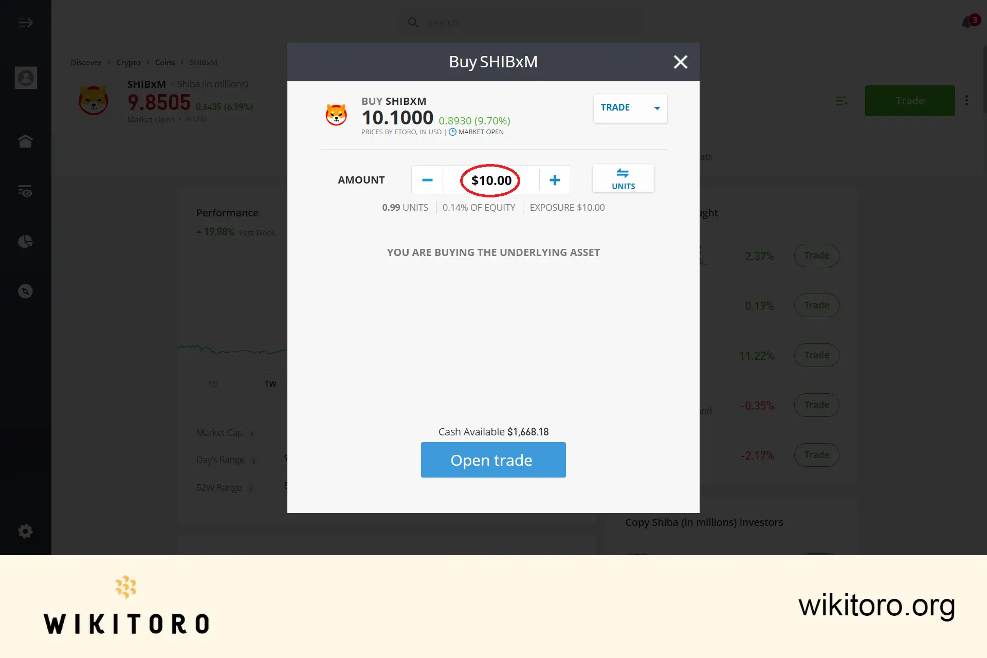 eToro Shiba Inu minimum handlowe to 10$