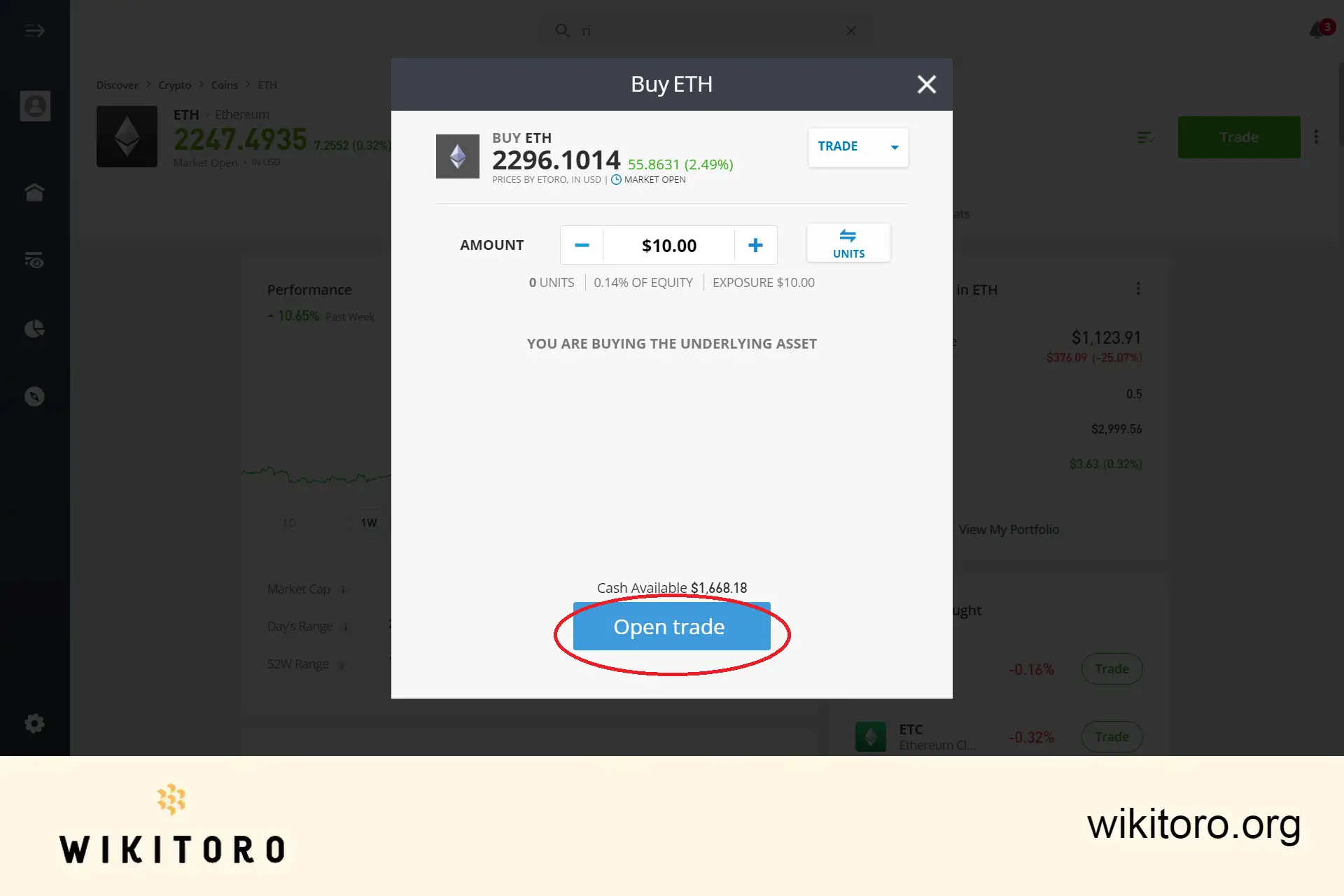 Executing eToro Ethereum trade order