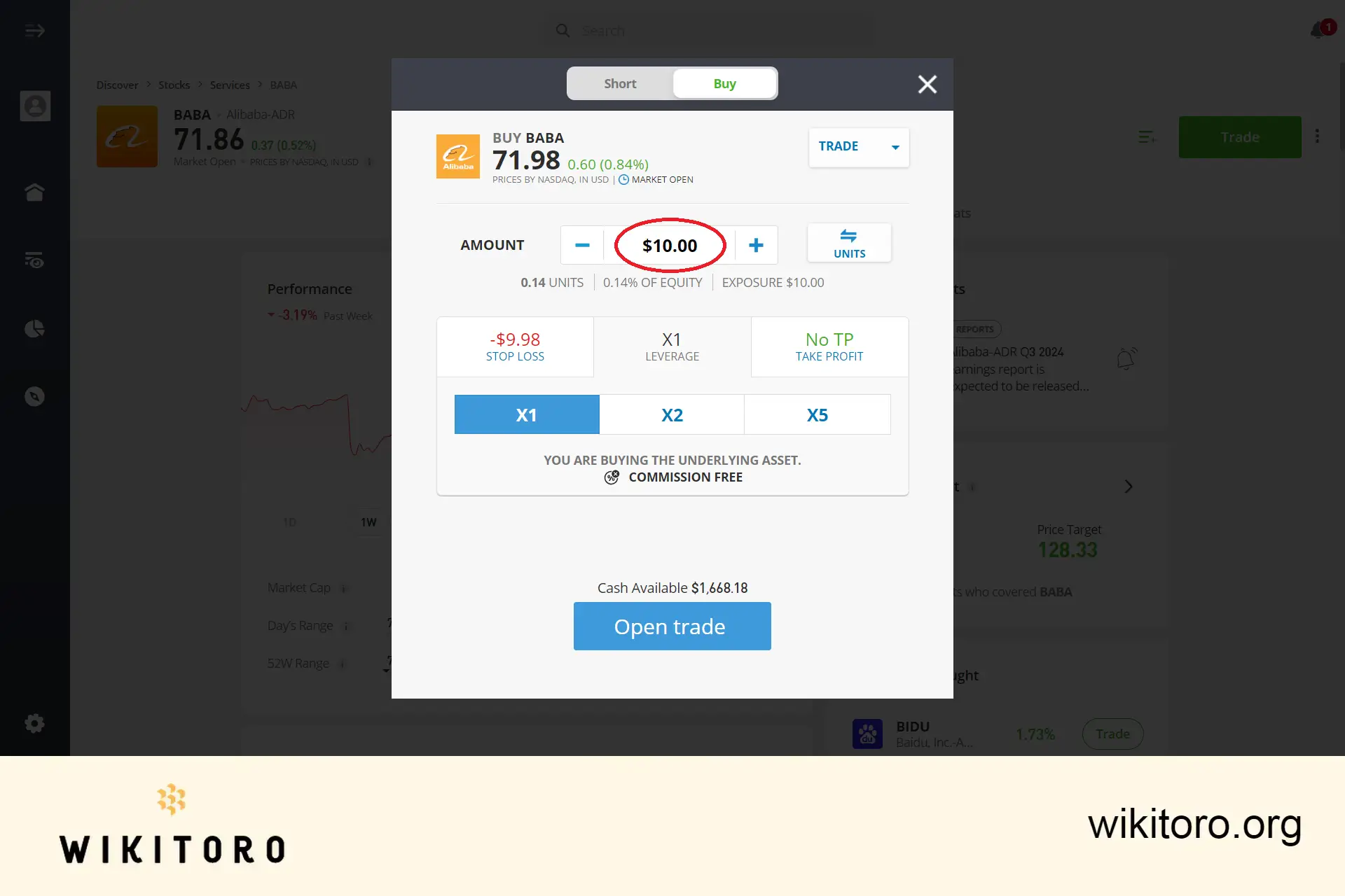 Wprowadzanie kwoty inwestycji w akcje Alibaba na eToro