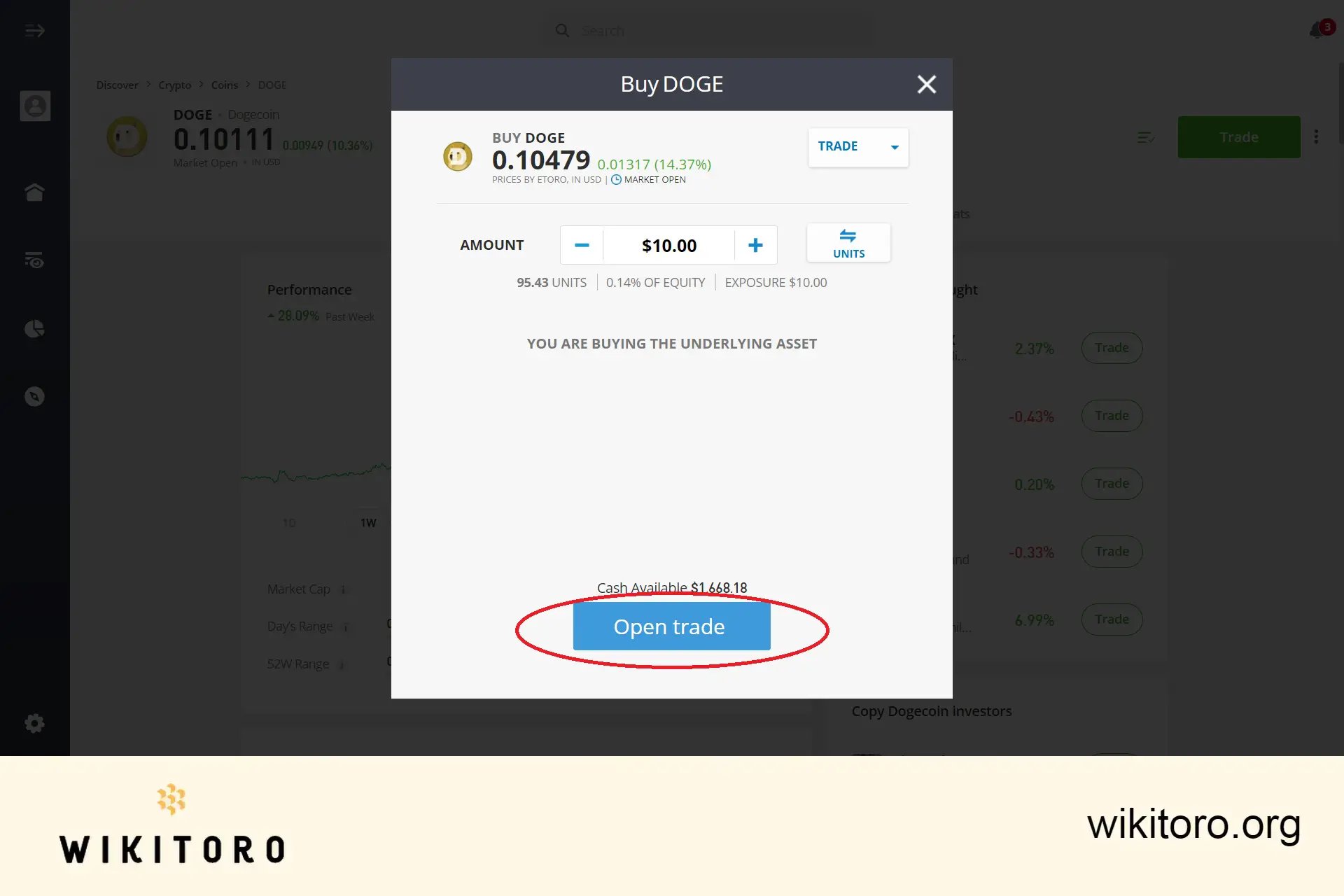 Executing eToro Ethereum trade order 