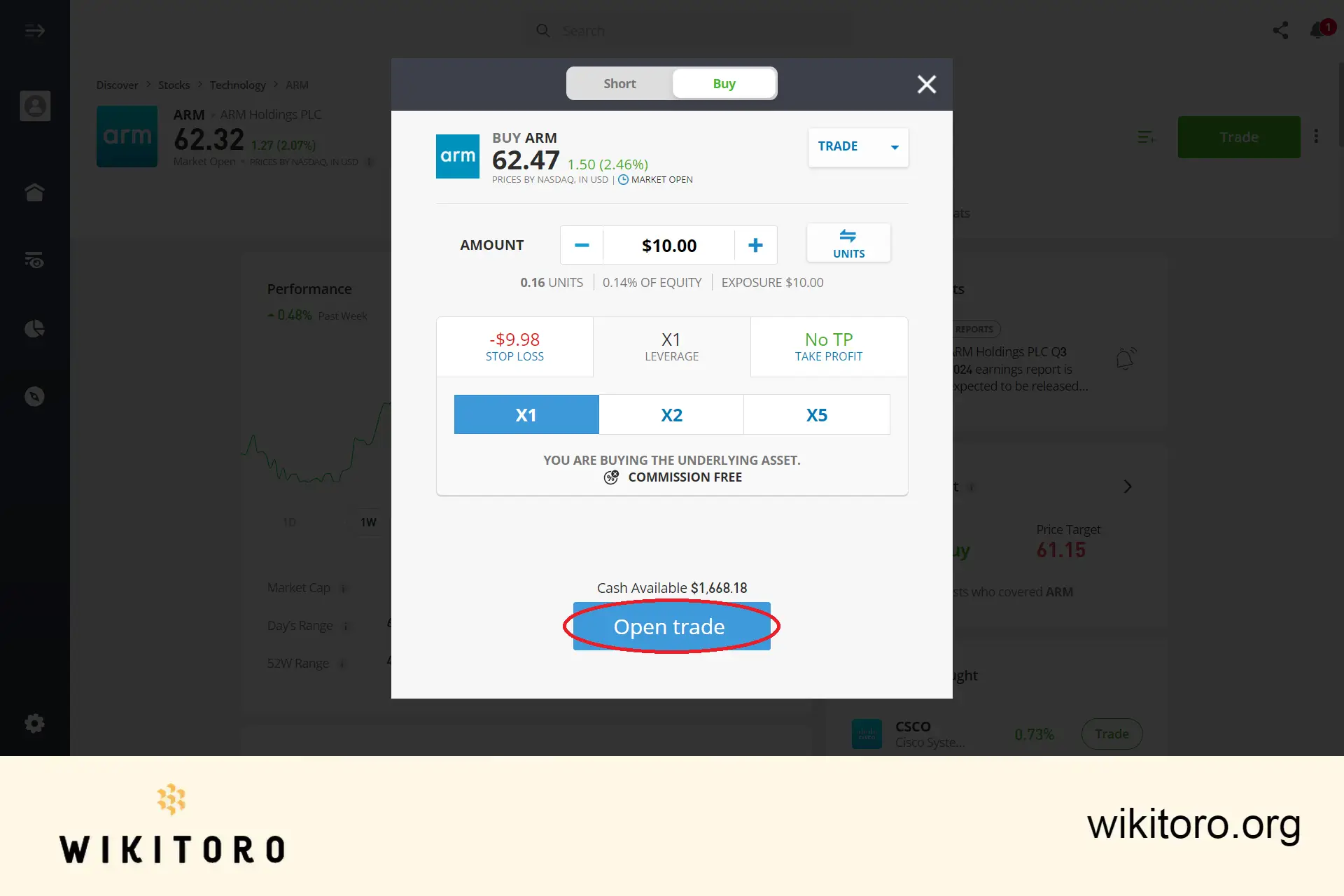 Executing eToro Arm Stocks trade