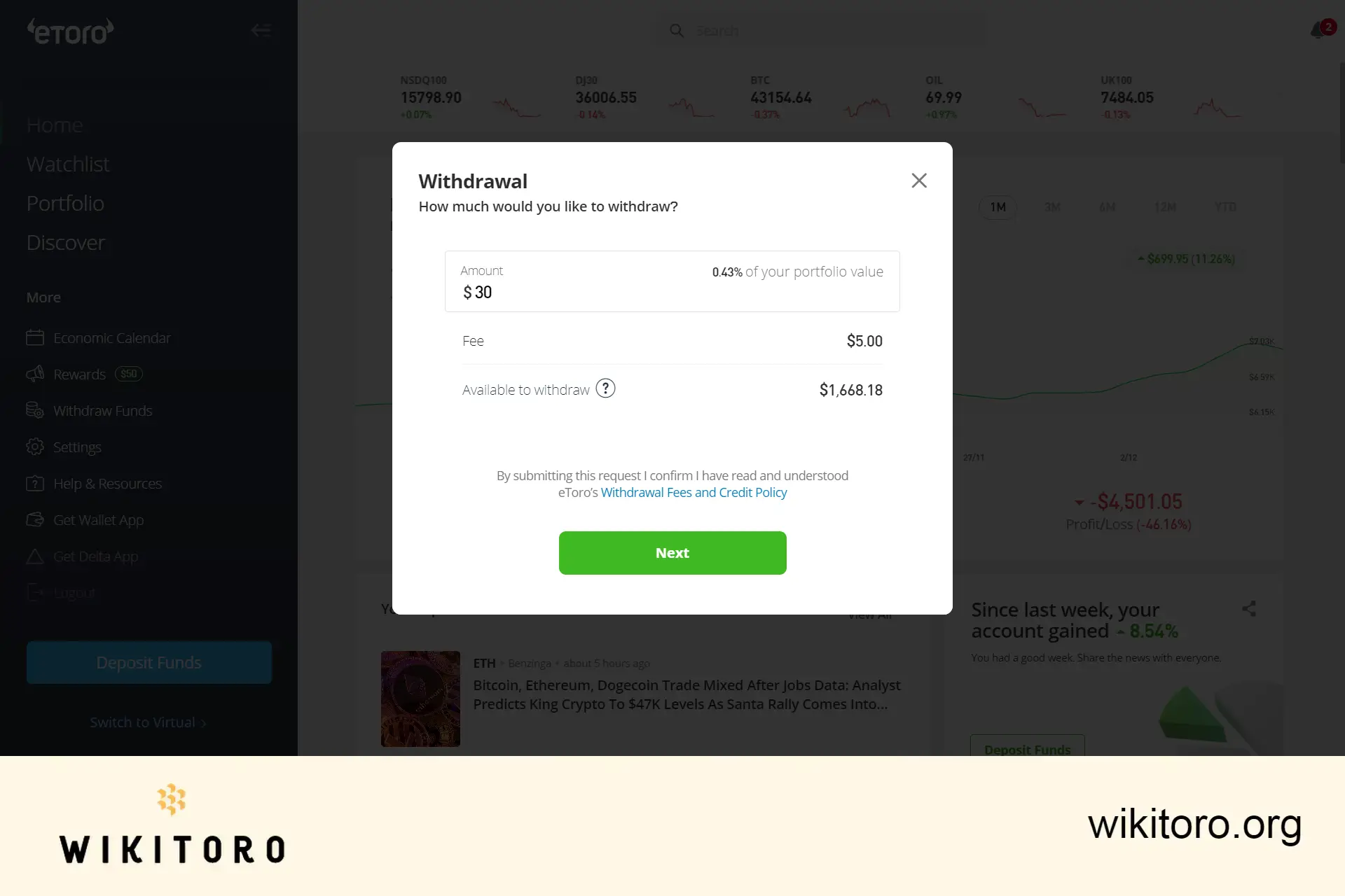 eToro withdrawal page