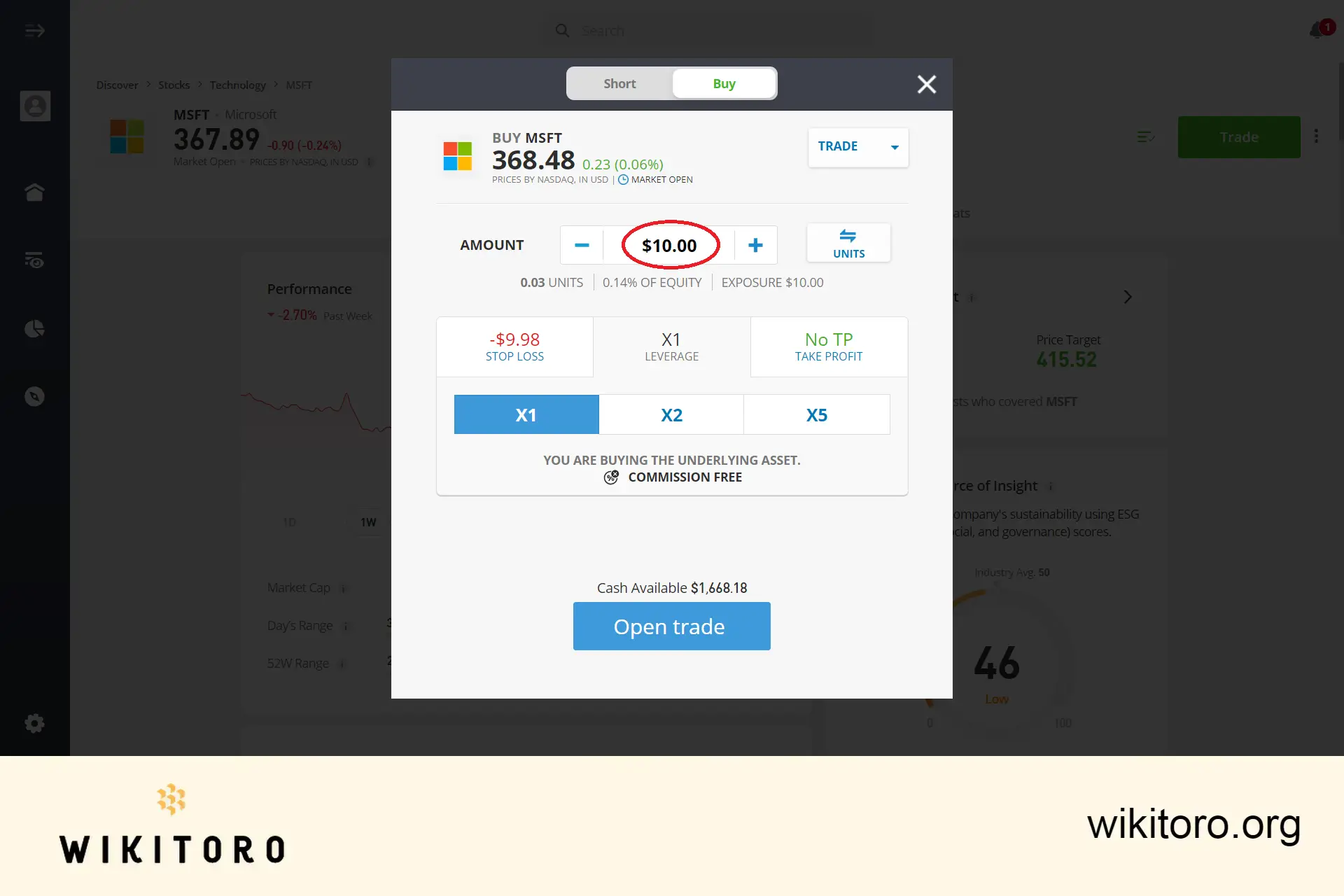 Wprowadzanie kwoty inwestycji w akcje Microsoft na eToro