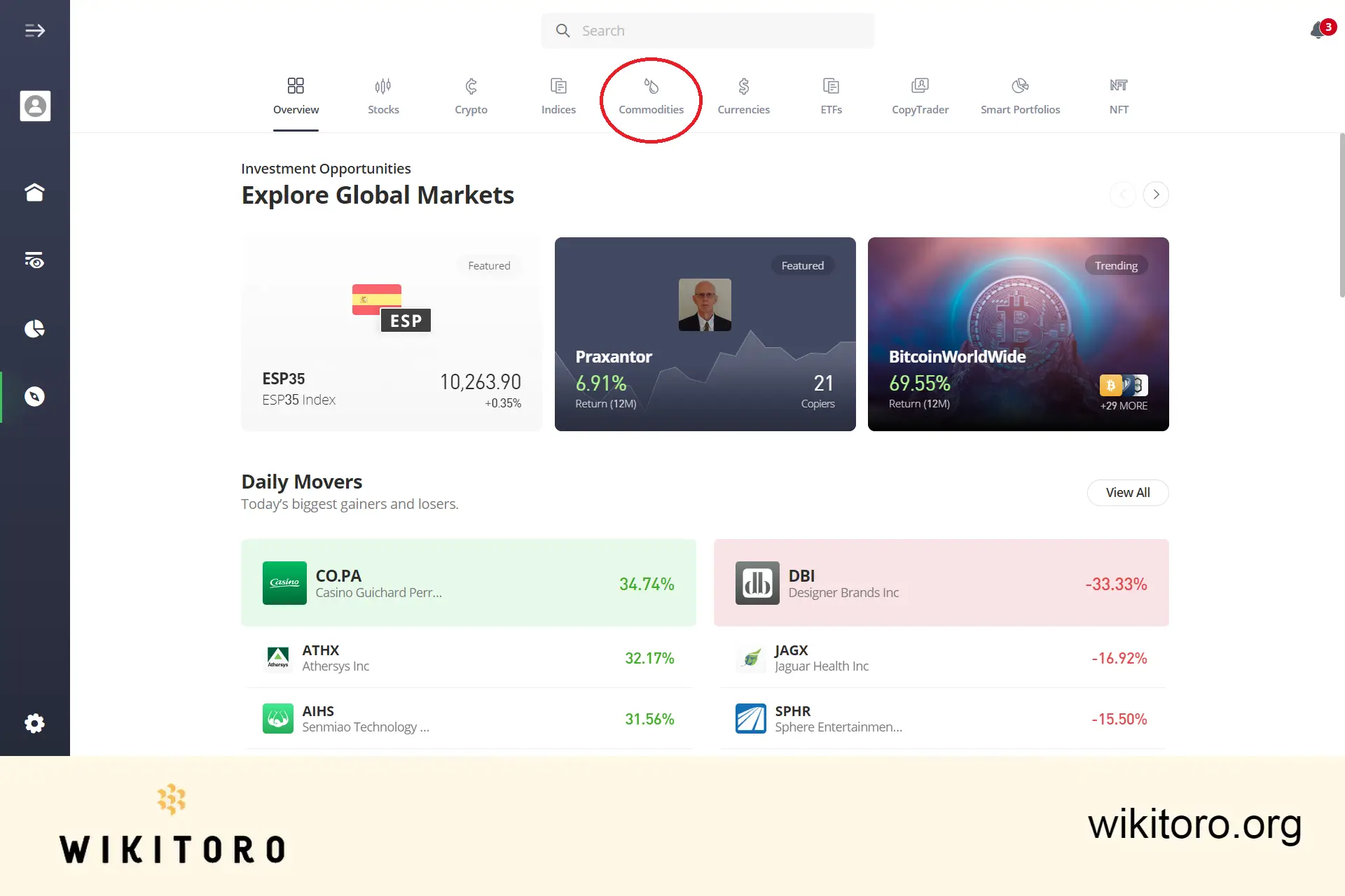 Wybór kategorii aktywów Towary na eToro