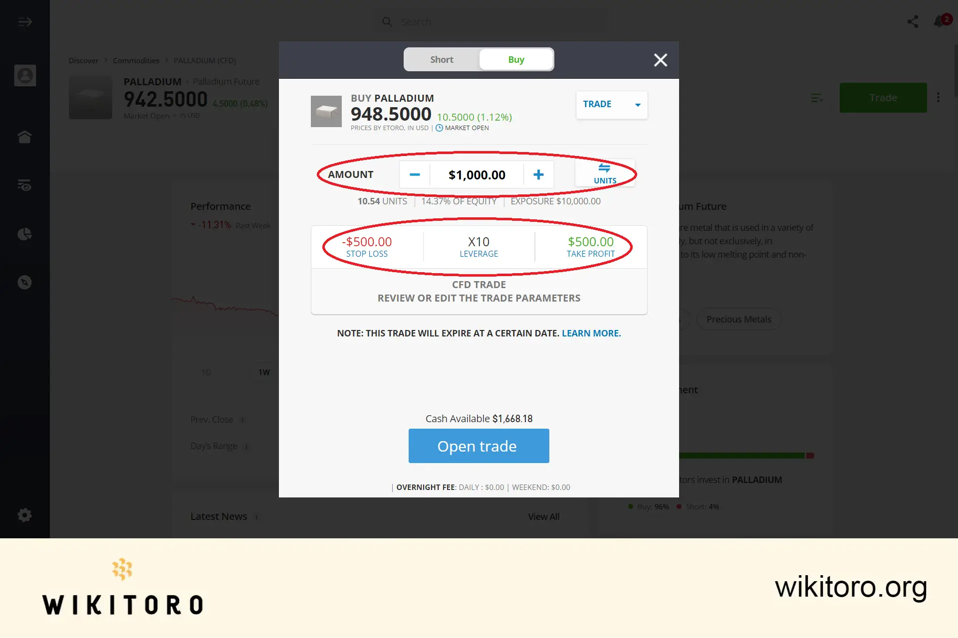 Setting palladium trading parameters on eToro