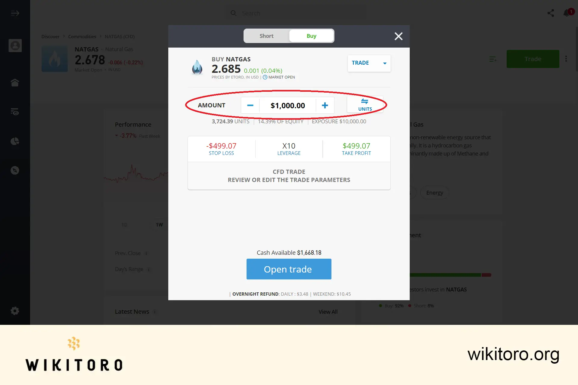 Setting natural gas trading parameters on eToro