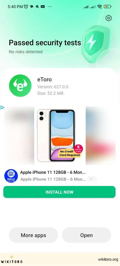 Aplikacja eToro zainstalowana na urządzeniu z Androidem