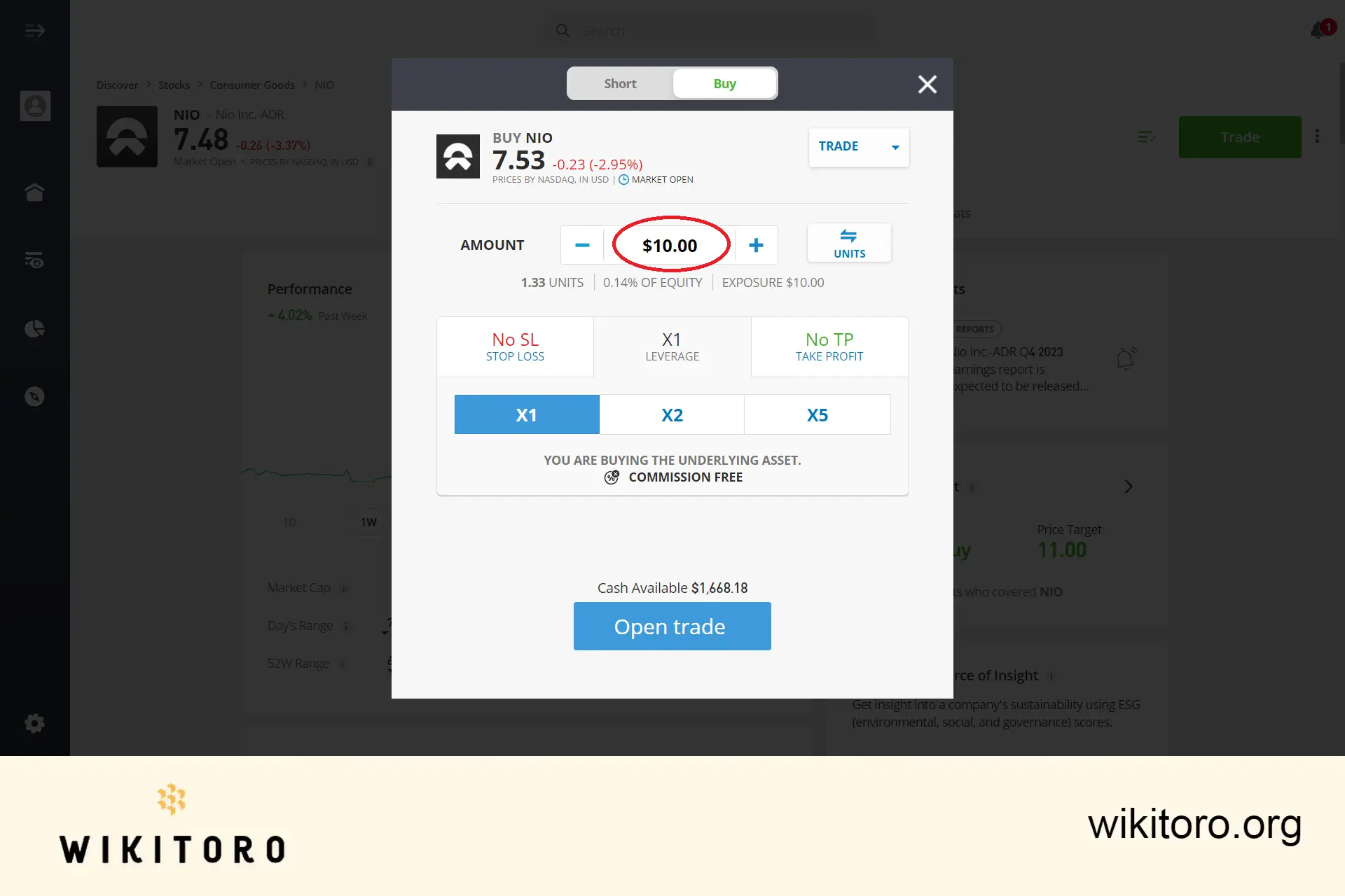 Wprowadzanie kwoty inwestycji w akcje NIO na eToro