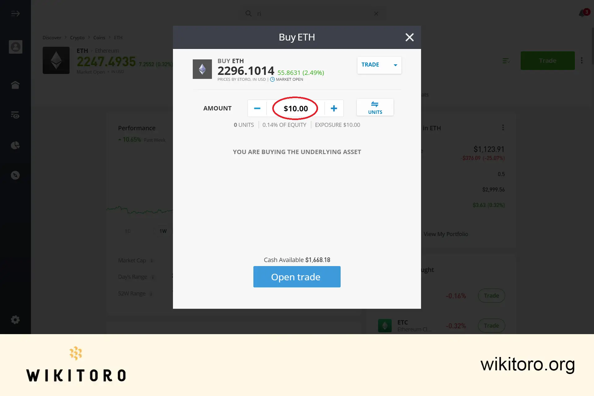 eToro Ethereum minimum handlowe to $10